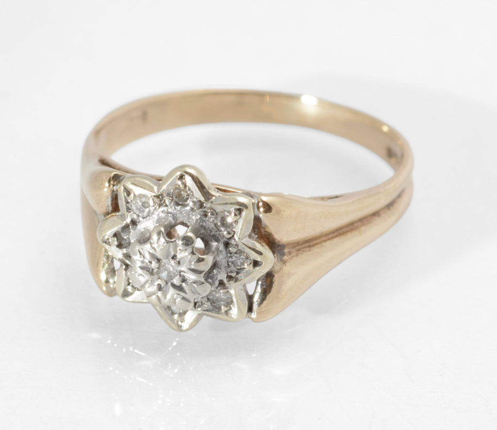 Vintage 9ct Gold Diamond Flower Cluster Ring - Divided Shoulders - Sheffield c.1977 - UK Size L - A440