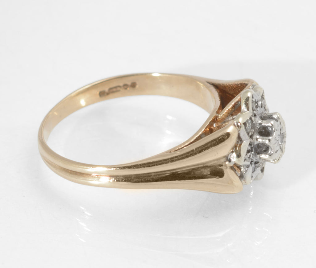 Vintage 9ct Gold Diamond Flower Cluster Ring - Divided Shoulders - Sheffield c.1977 - UK Size L - A440