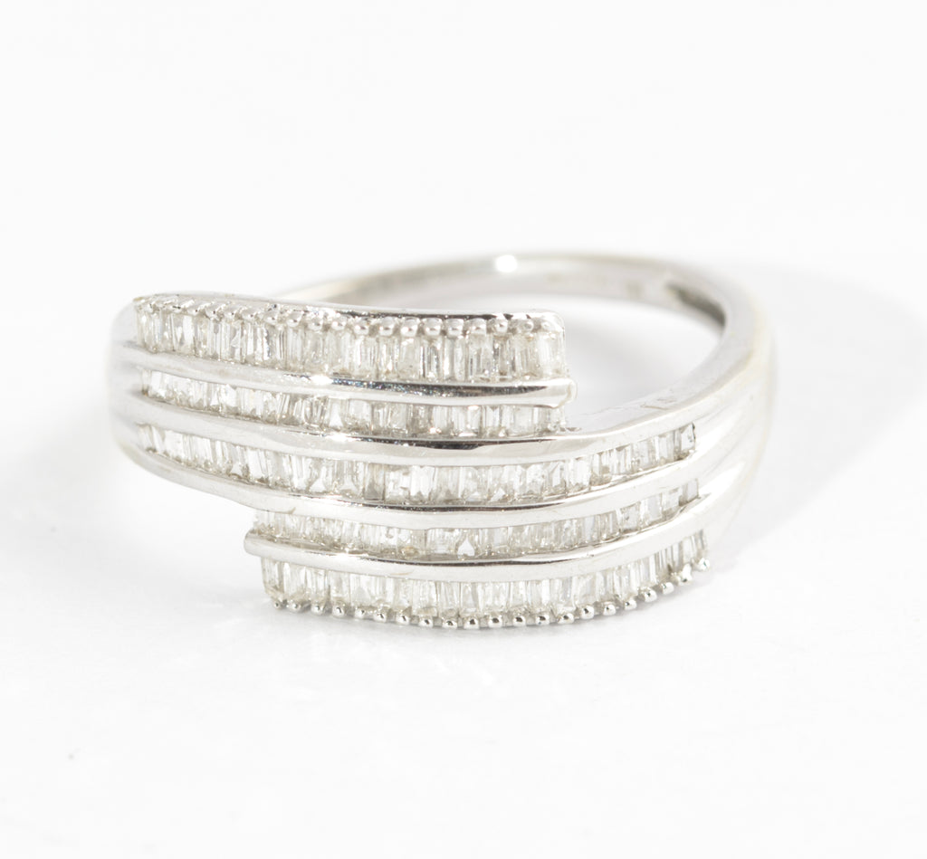 10K White Gold & Diamond Channel Set Crossover Ladies Ring UK Size O  (Code A585)