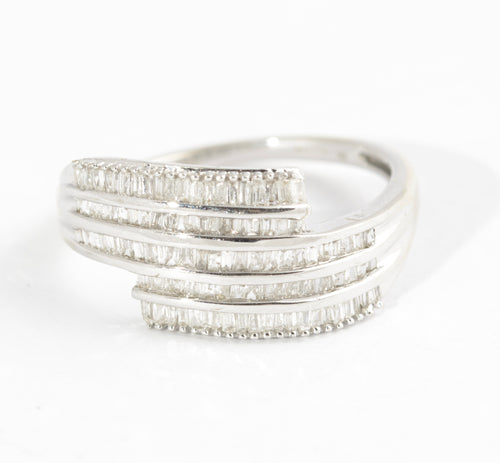 10K White Gold & Diamond Channel Set Crossover Ladies Ring UK Size O  (Code A585)