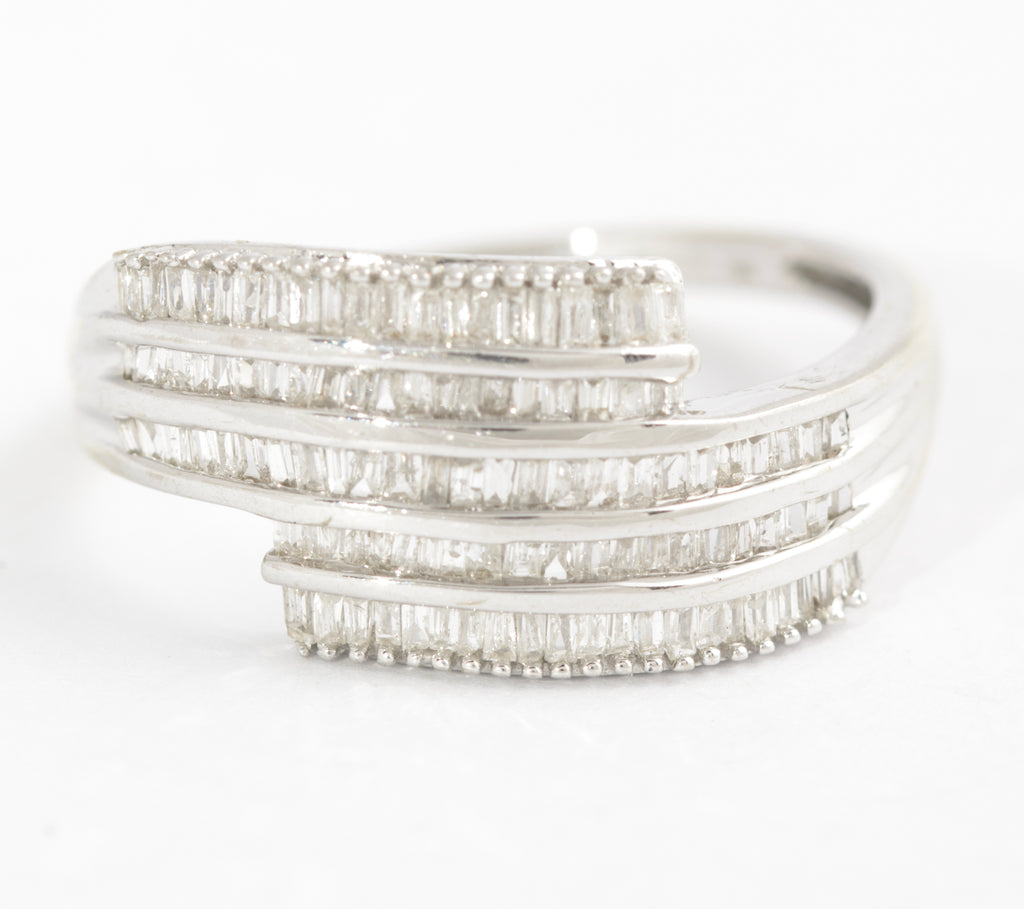 10K White Gold & Diamond Channel Set Crossover Ladies Ring UK Size O  (Code A585)