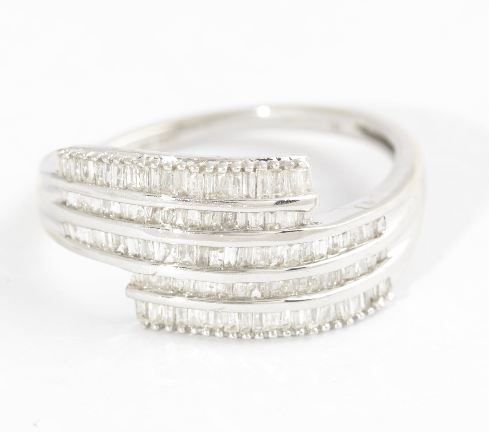 10K White Gold & Diamond Channel Set Crossover Ladies Ring UK Size O  (Code A585)