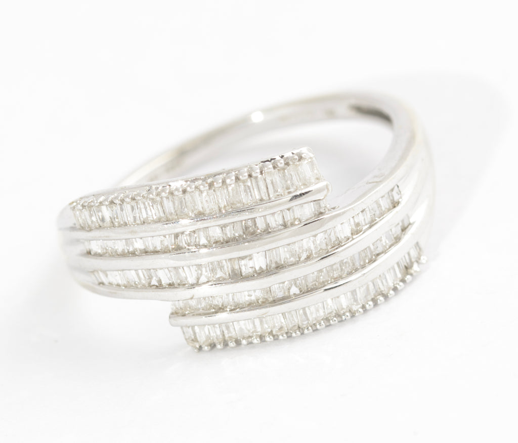 10K White Gold & Diamond Channel Set Crossover Ladies Ring UK Size O  (Code A585)
