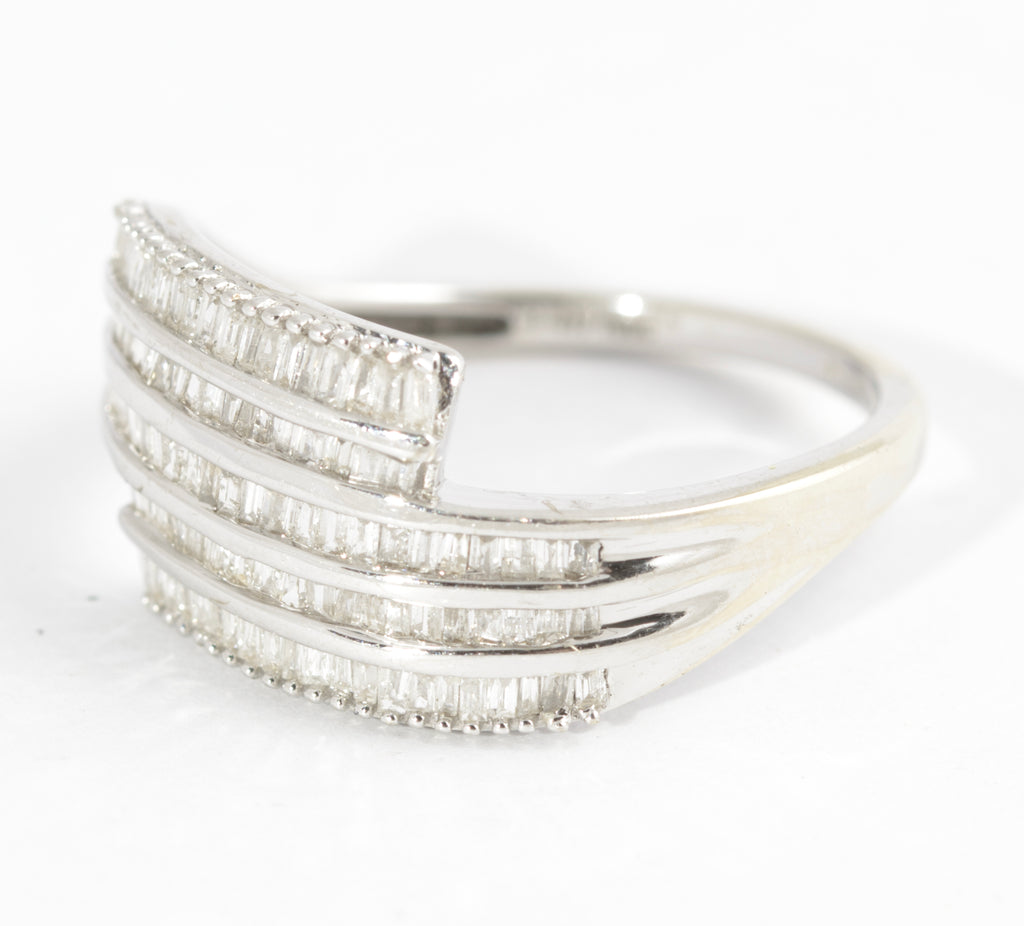 10K White Gold & Diamond Channel Set Crossover Ladies Ring UK Size O  (Code A585)