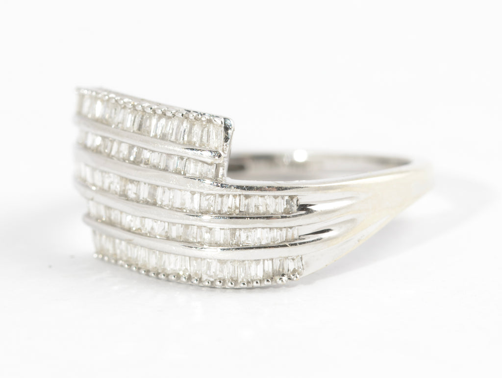 10K White Gold & Diamond Channel Set Crossover Ladies Ring UK Size O  (Code A585)