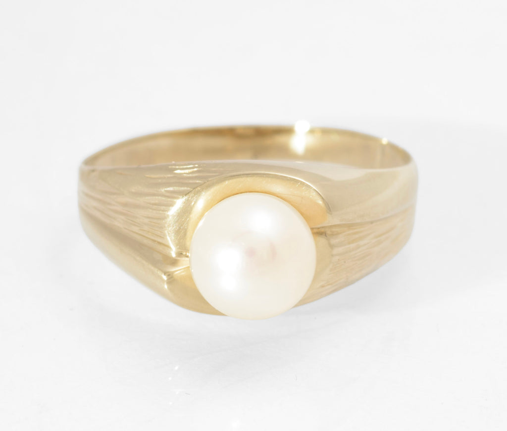 Vintage 9ct Yellow Gold & Cultured Pearl Ring Textured Band Ladies UK Size O  (Code A613)