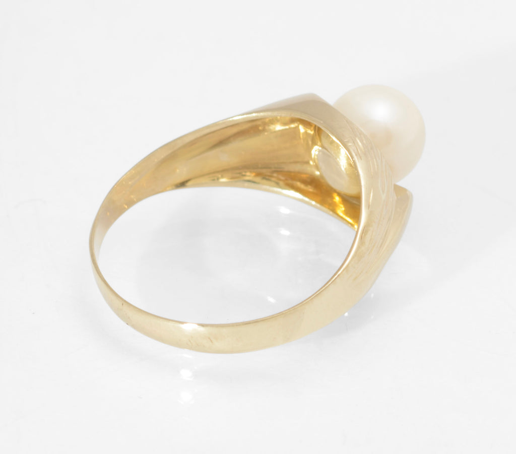 Vintage 9ct Yellow Gold & Cultured Pearl Ring Textured Band Ladies UK Size O  (Code A613)