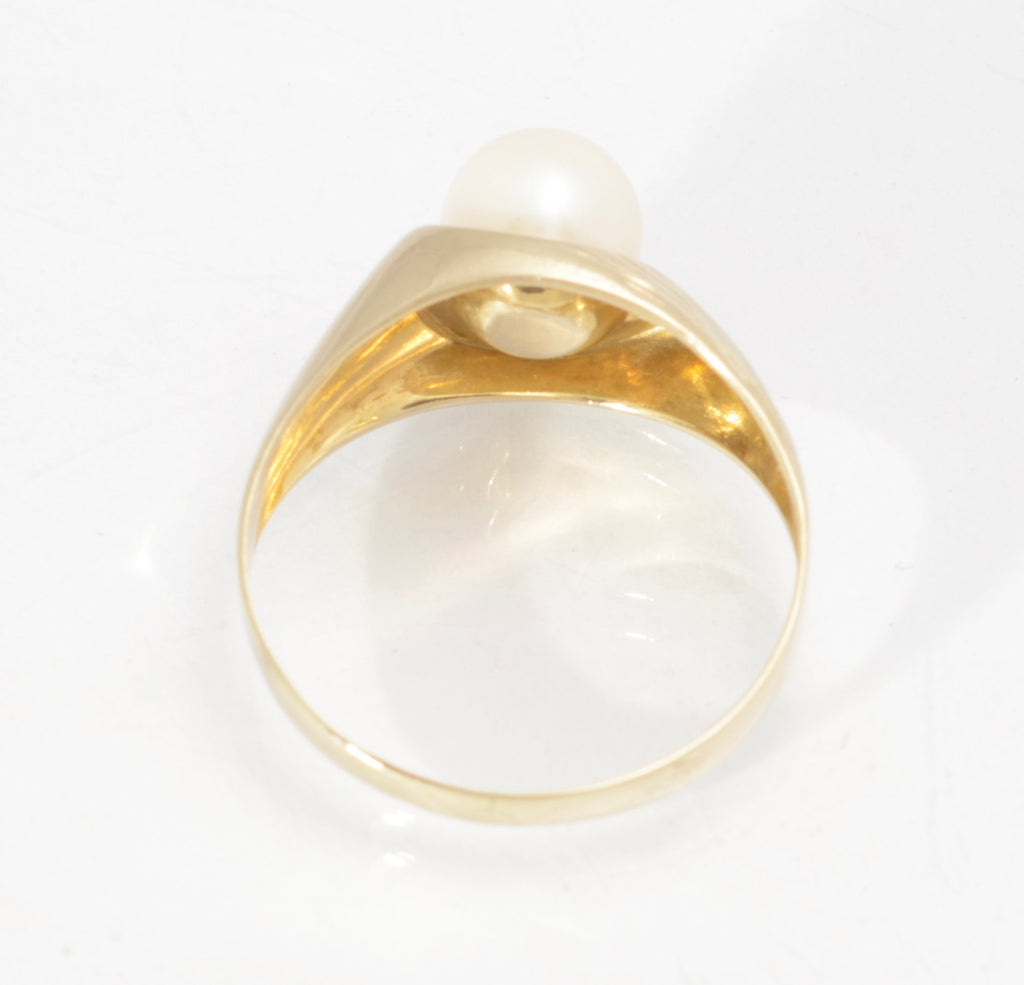 Vintage 9ct Yellow Gold & Cultured Pearl Ring Textured Band Ladies UK Size O  (Code A613)