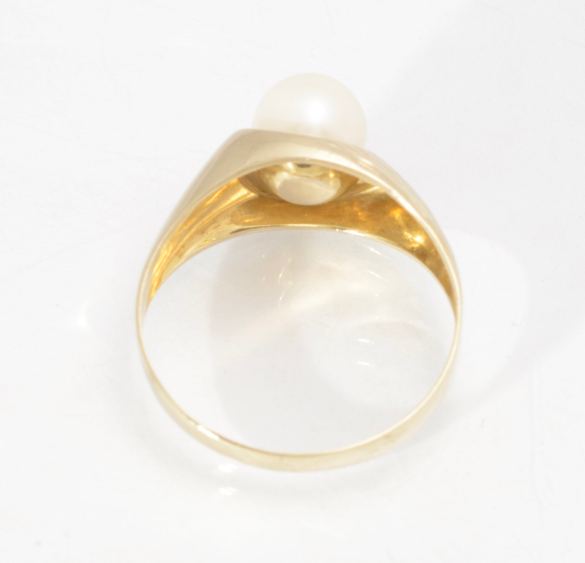 Vintage 9ct Yellow Gold & Cultured Pearl Ring Textured Band Ladies UK Size O  (Code A613)