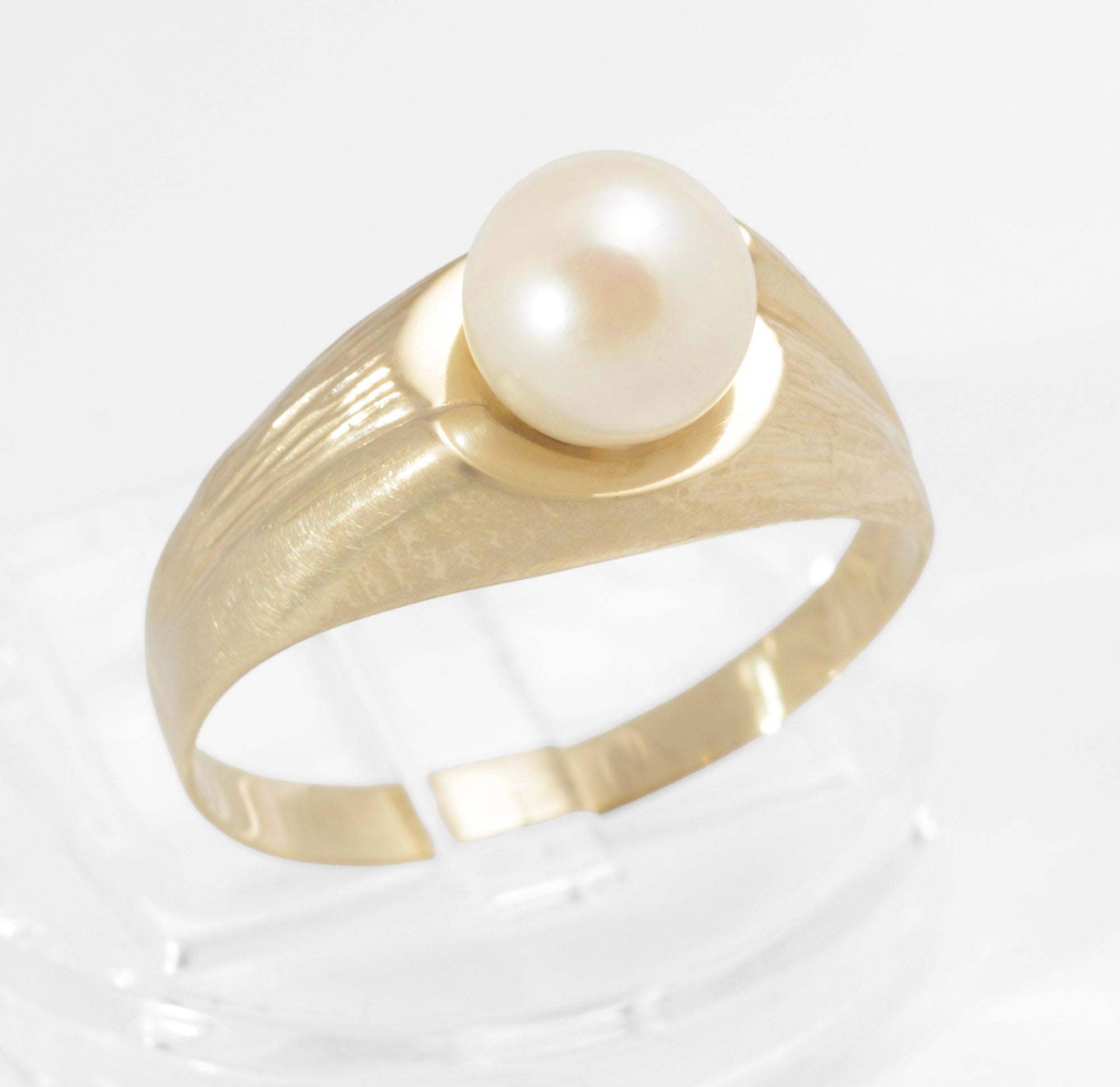 Vintage 9ct Yellow Gold & Cultured Pearl Ring Textured Band Ladies UK Size O  (Code A613)