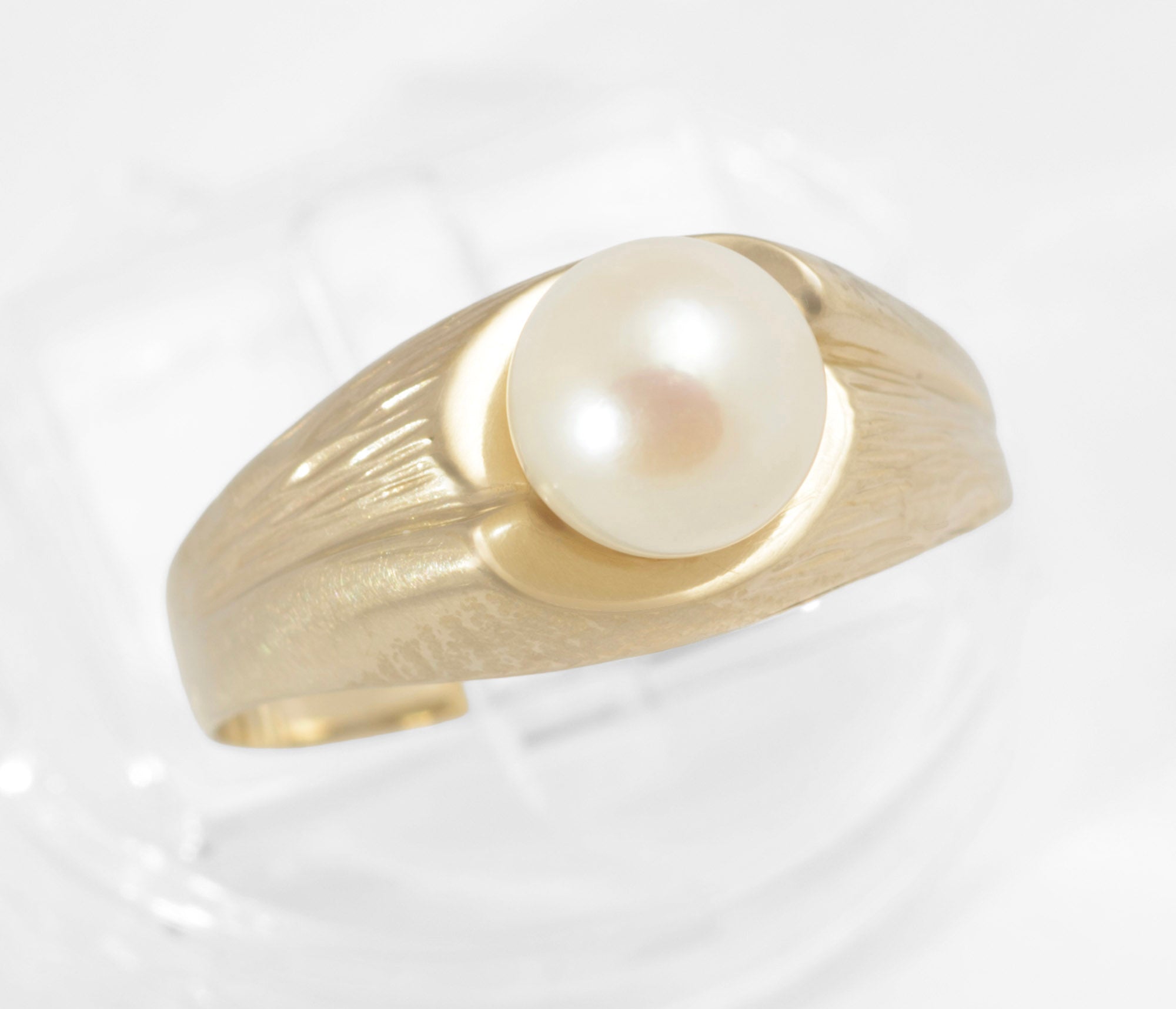 Vintage 9ct Yellow Gold & Cultured Pearl Ring Textured Band Ladies UK Size O  (Code A613)