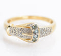 9ct Yellow Gold Blue Topaz & Diamond Buckle Ring Pave Detail Sheffield Hallmark (B2176)