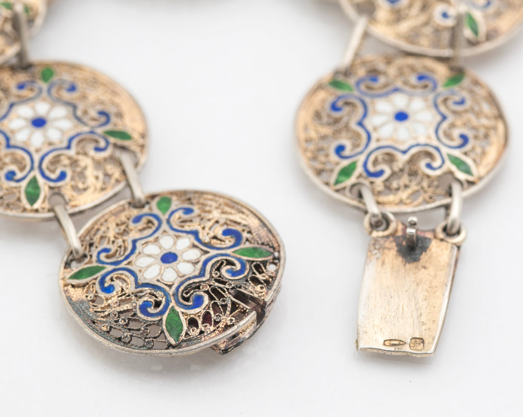 Antique French 800 Silver Gilt & Champleve Enamel Filigree Bracelet (B2187)