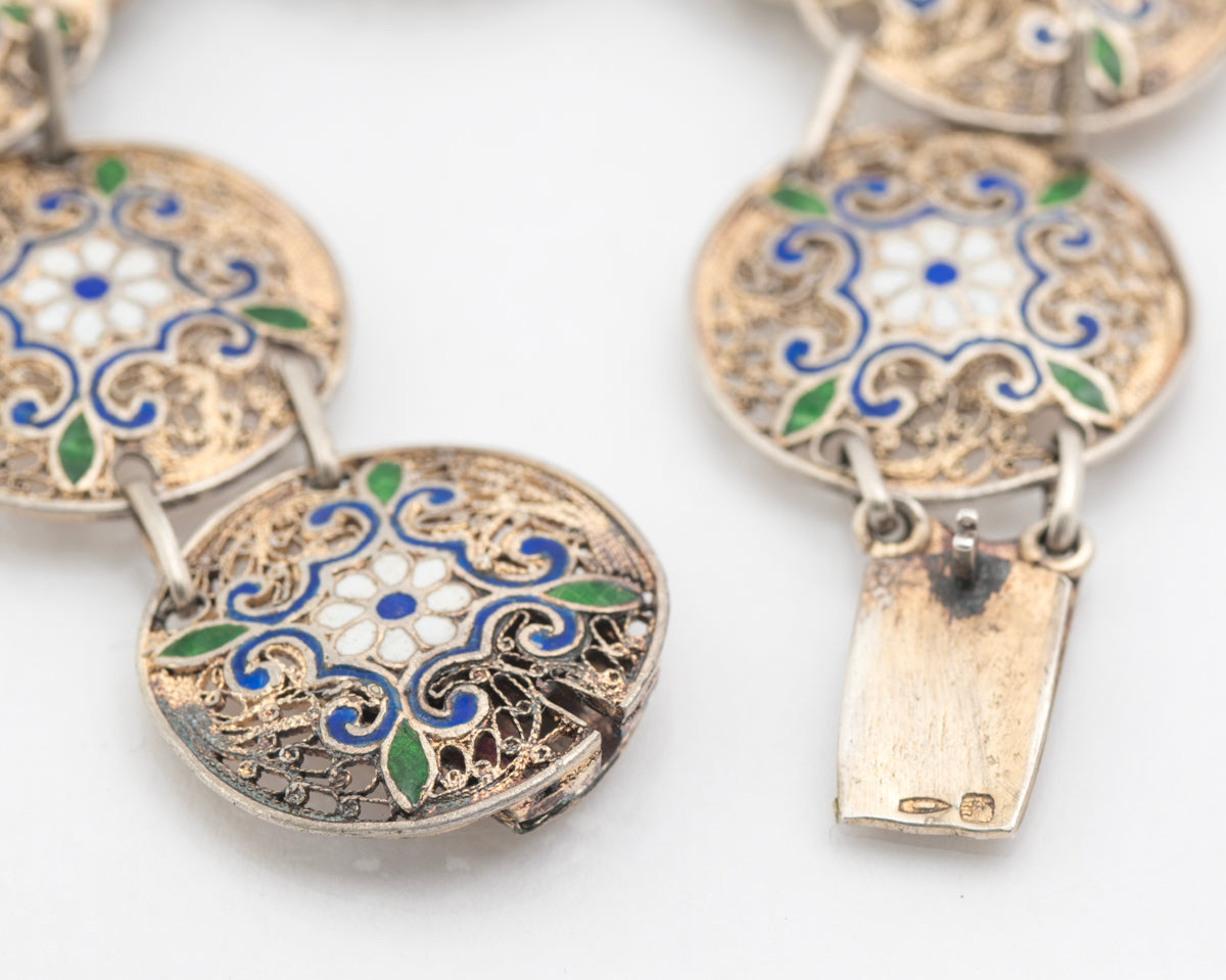 Antique French 800 Silver Gilt & Champleve Enamel Filigree Bracelet (B2187)