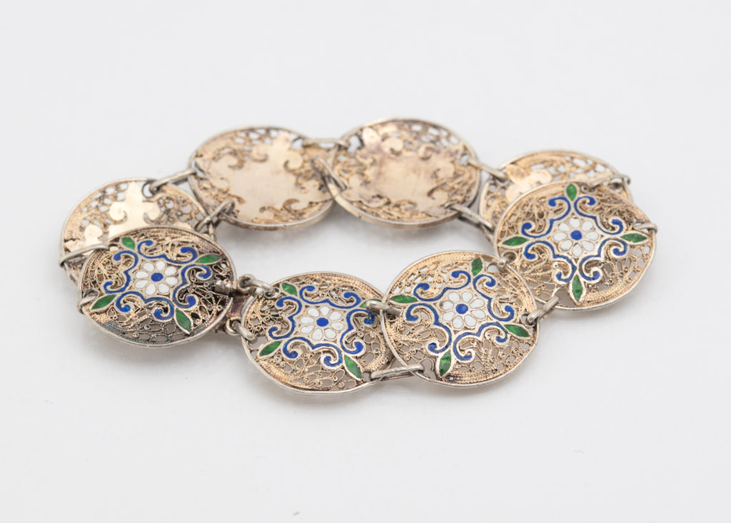 Antique French 800 Silver Gilt & Champleve Enamel Filigree Bracelet (B2187)