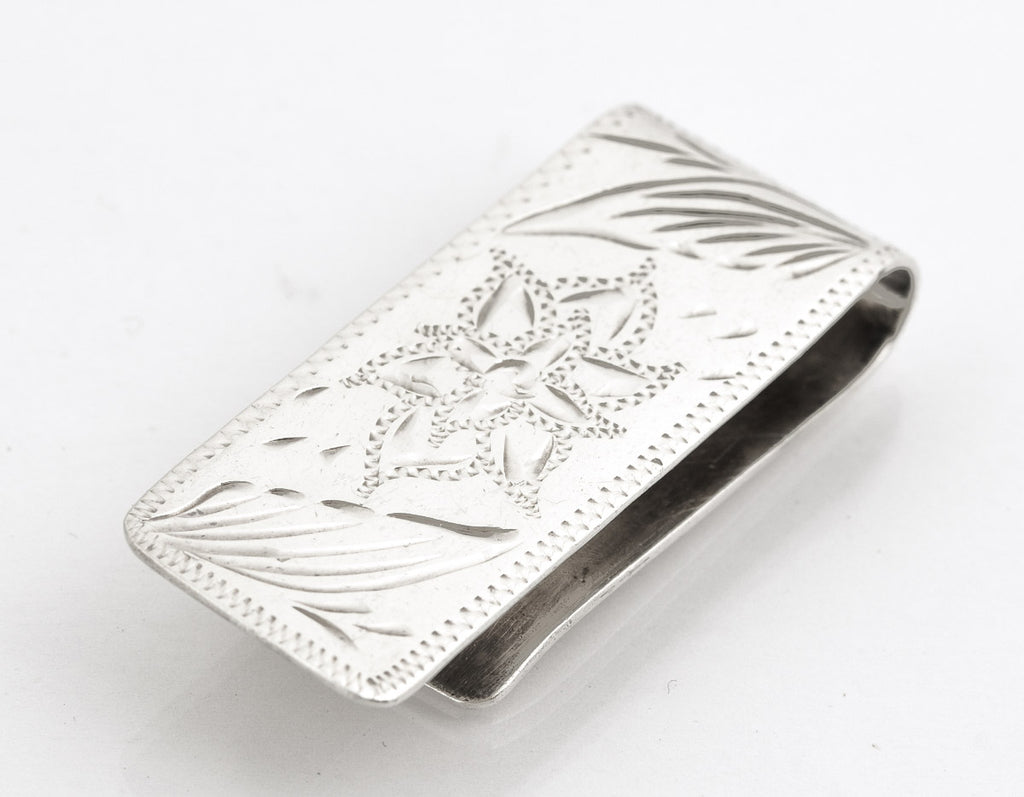 Vintage Mexican Sterling Silver Money Clip With Bright Cut Floral Design