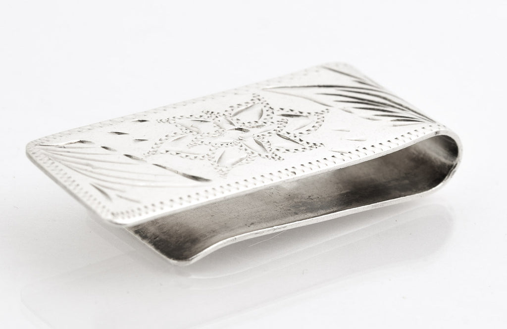 Vintage Mexican Sterling Silver Money Clip With Bright Cut Floral Design