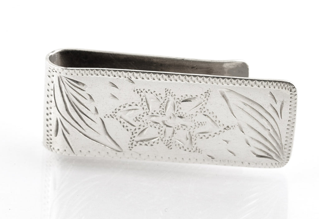 Vintage Mexican Sterling Silver Money Clip With Bright Cut Floral Design