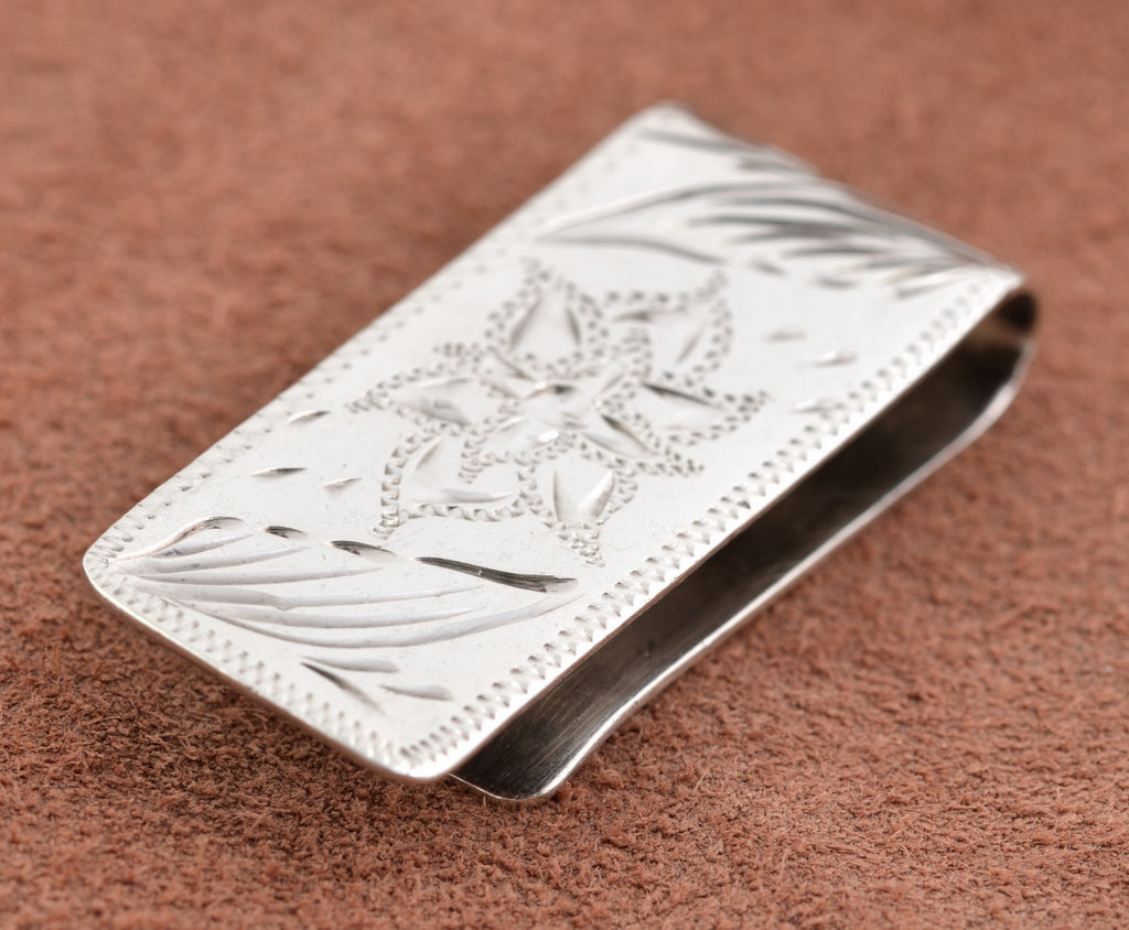 Vintage Mexican Sterling Silver Money Clip With Bright Cut Floral Design