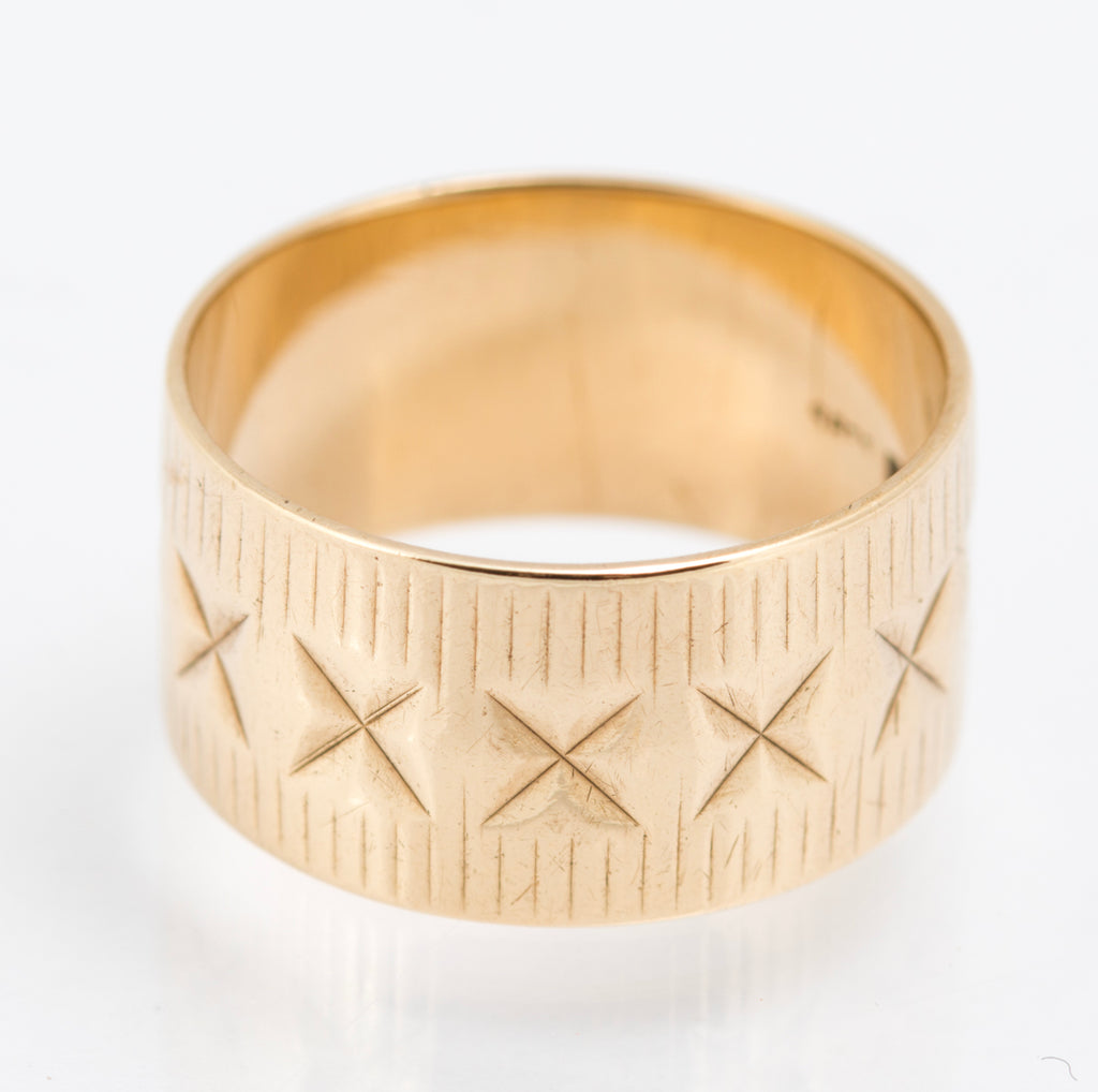 9ct Solid Yellow Gold Ring Wide Wedding Band Cross Cut Vintage 1963 (B2211)