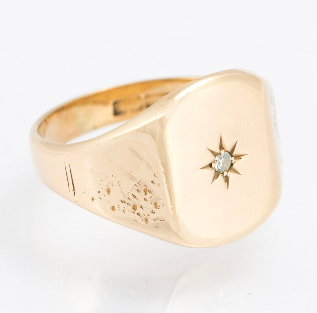 Vintage 9ct Yellow Solid Gold Men's Signet Ring Diamond Set Hallmarked 1973 UK Size P  (B2212)