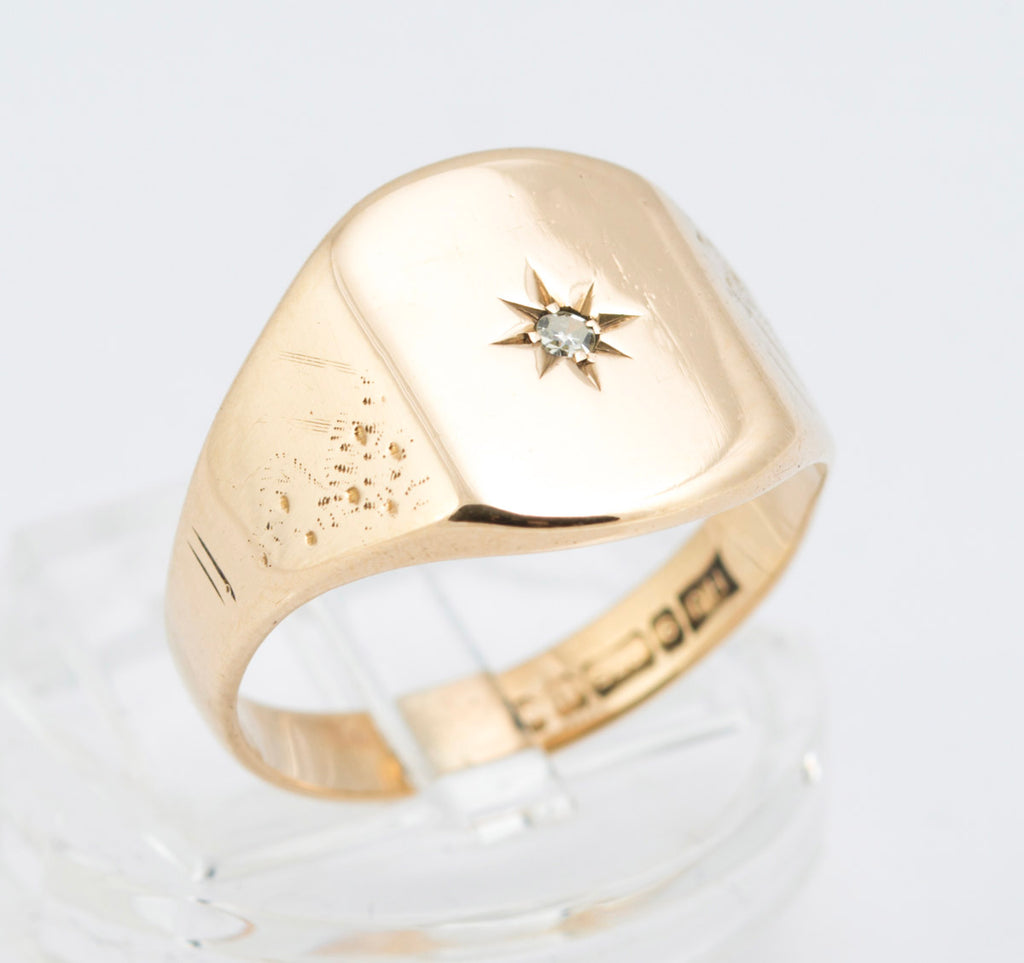 Vintage 9ct Yellow Solid Gold Men's Signet Ring Diamond Set Hallmarked 1973 UK Size P  (B2212)