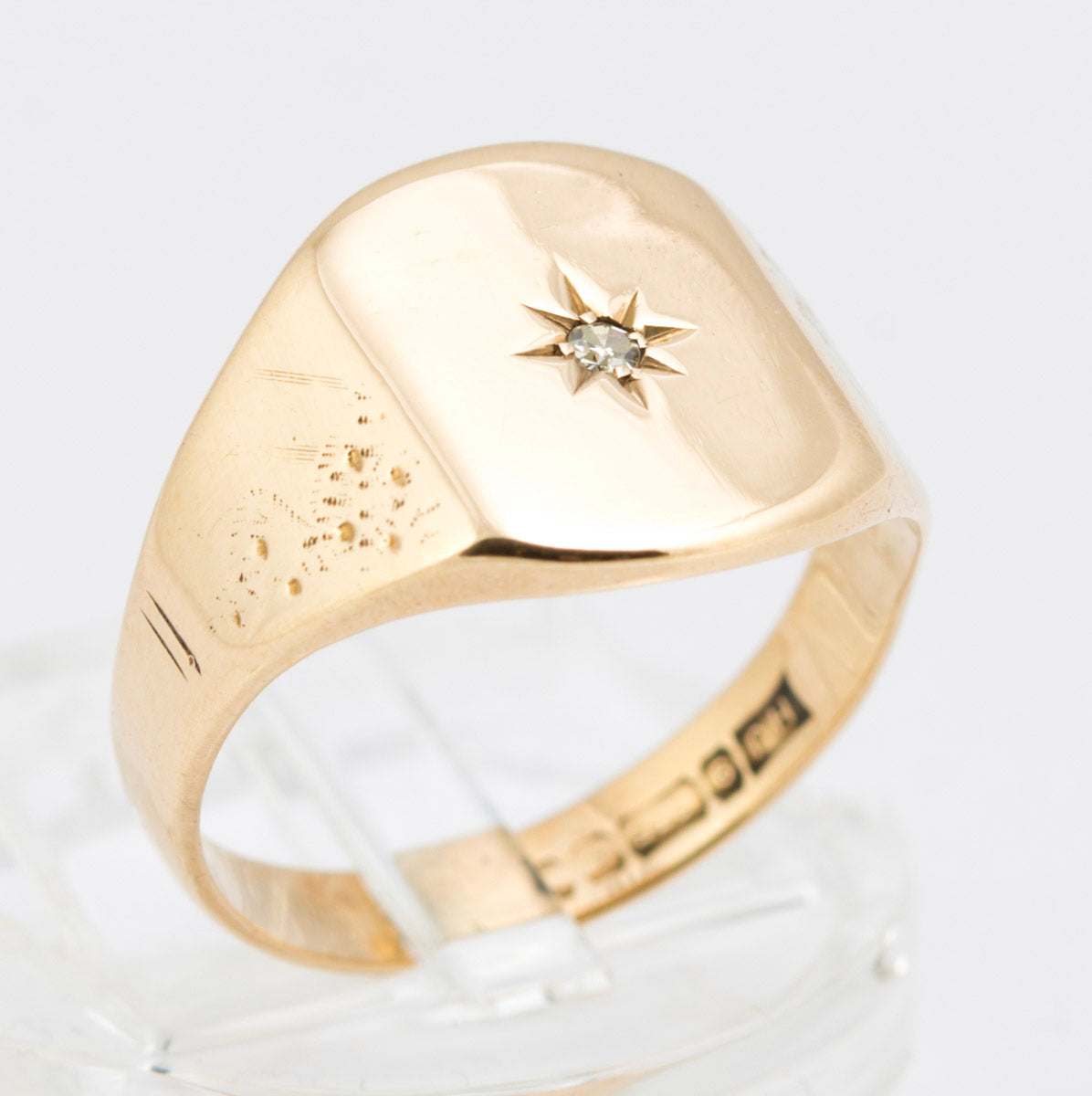 Vintage 9ct Yellow Solid Gold Men's Signet Ring Diamond Set Hallmarked 1973 UK Size P  (B2212)