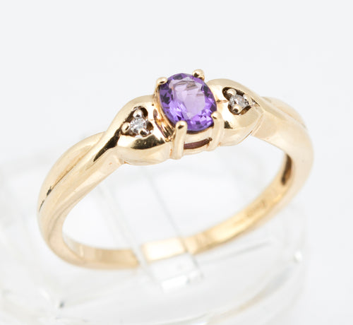 9ct Gold Natural Amethyst & Diamond Ring | Crossover Shoulders | London Hallmark, Vintage 1990s | (B2214)