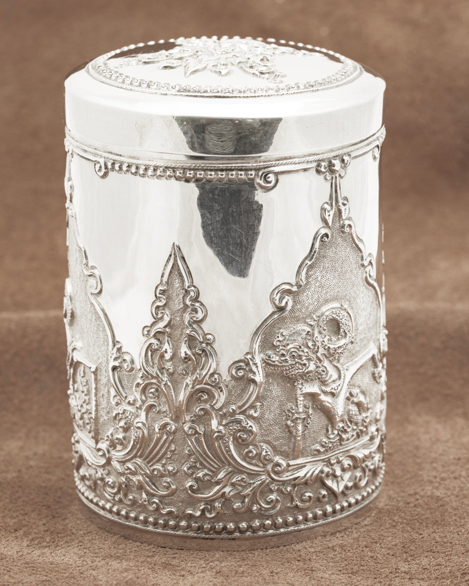 Vintage Indonesian .800 Silver LIdded Jar Wayang Theatre Design Yogya Hallmarks  (B2225)