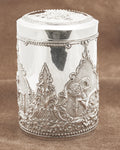 Vintage Indonesian .800 Silver LIdded Jar Wayang Theatre Design Yogya Hallmarks  (B2225)