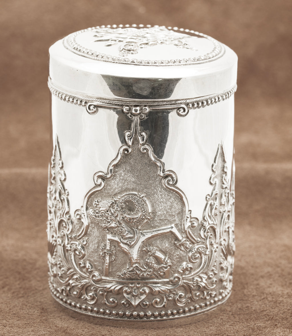 Vintage Indonesian .800 Silver LIdded Jar Wayang Theatre Design Yogya Hallmarks  (B2225)