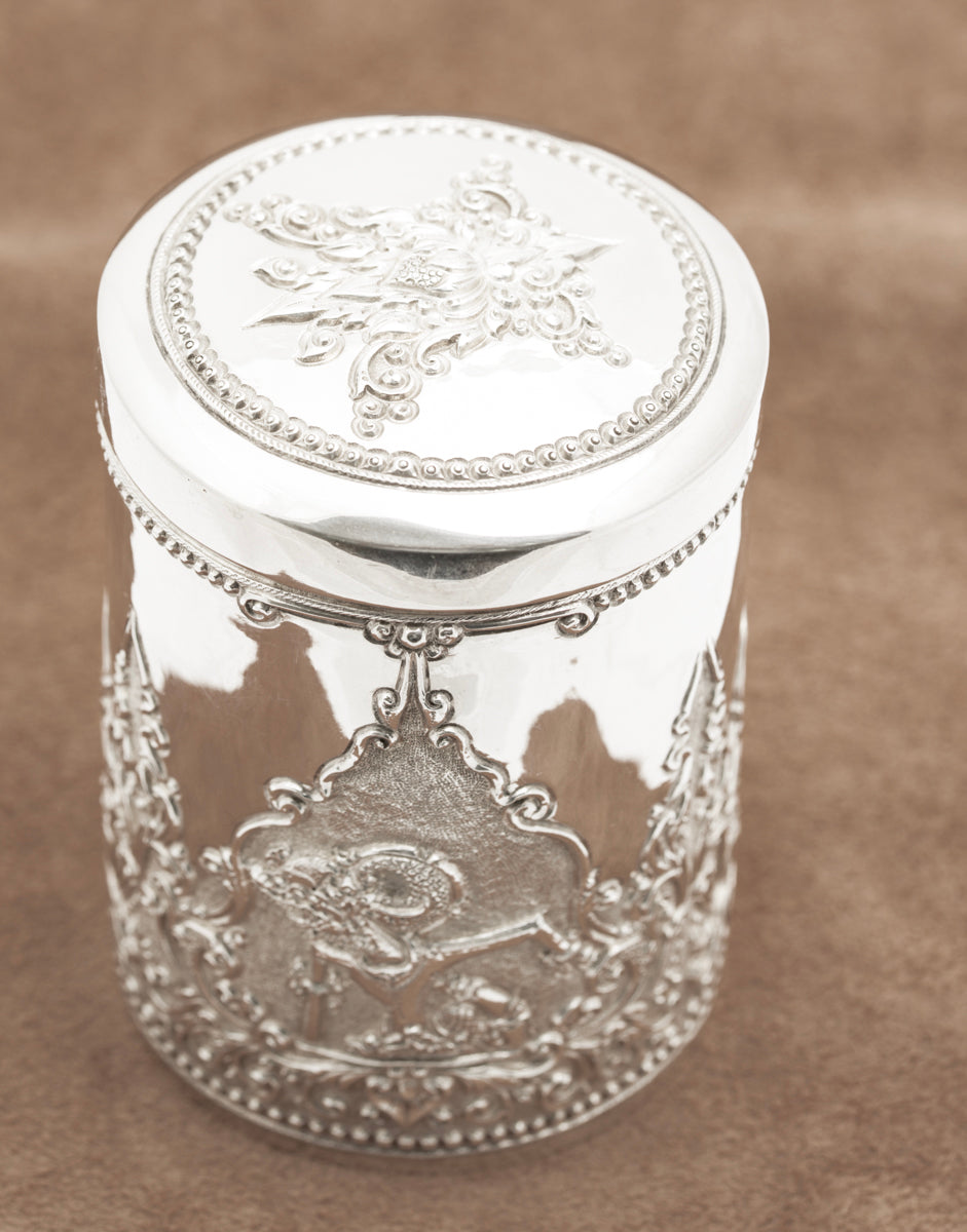 Vintage Indonesian .800 Silver LIdded Jar Wayang Theatre Design Yogya Hallmarks  (B2225)