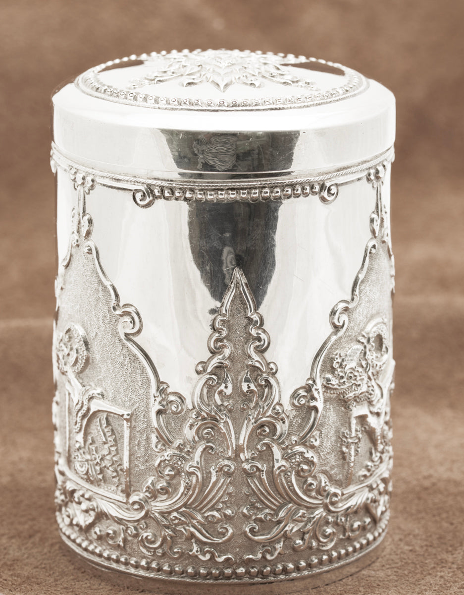 Vintage Indonesian .800 Silver LIdded Jar Wayang Theatre Design Yogya Hallmarks  (B2225)