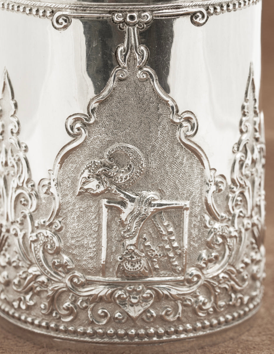 Vintage Indonesian .800 Silver LIdded Jar Wayang Theatre Design Yogya Hallmarks  (B2225)