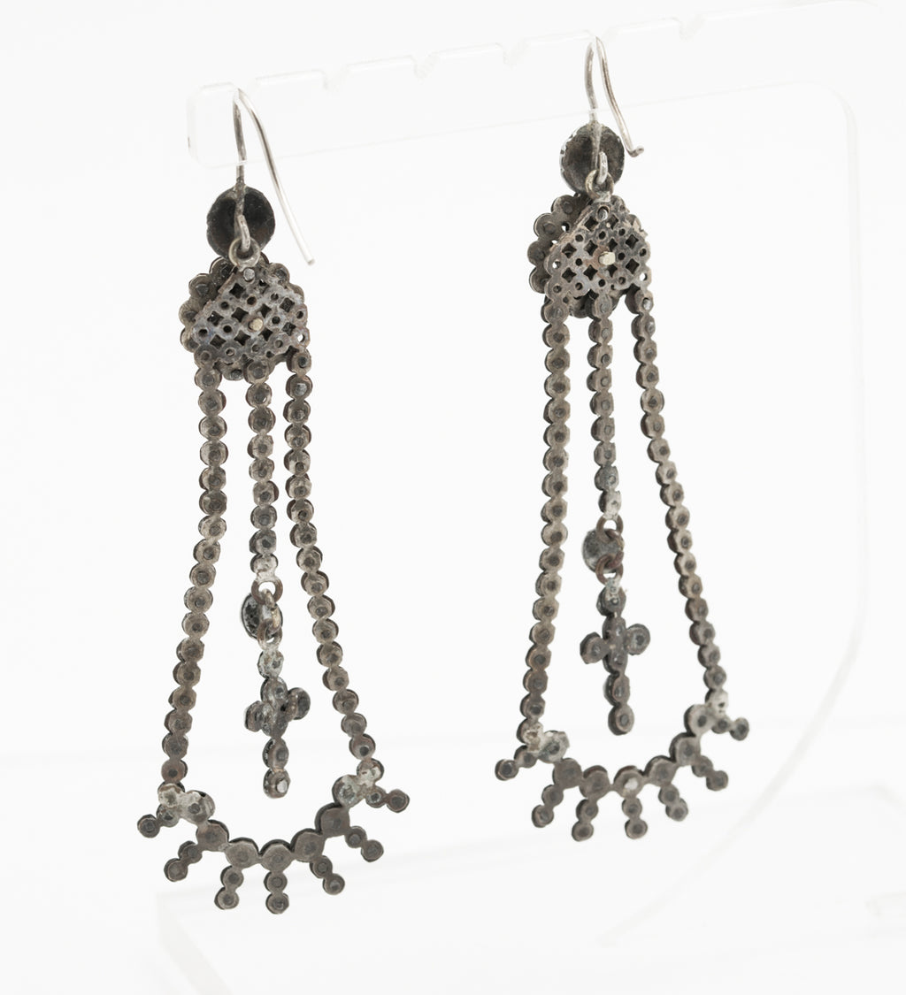 Pair Antique Georgian Cut Steel Earrings Long Drop With Articulated Crosses (B2232)