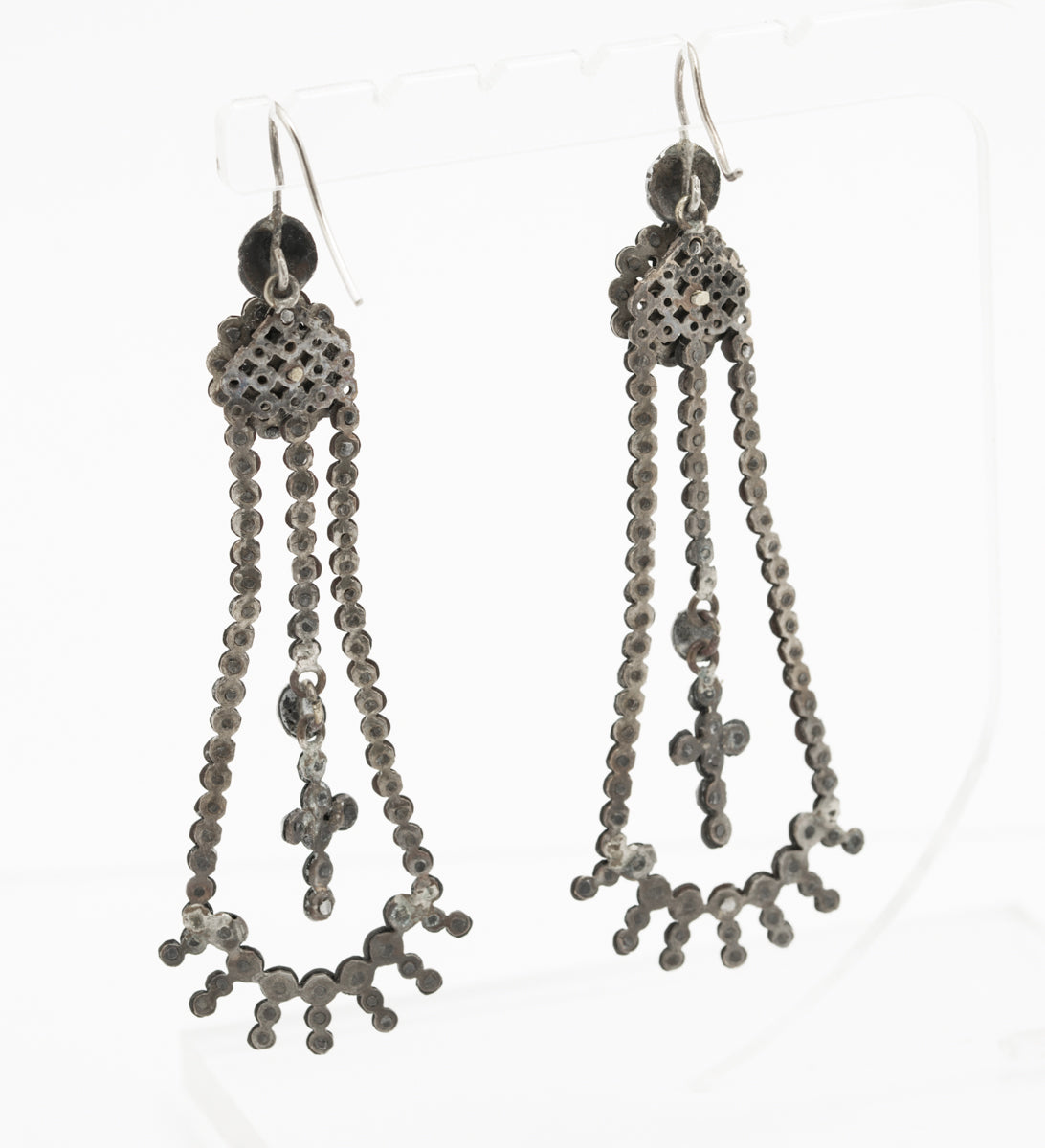 Pair Antique Georgian Cut Steel Earrings Long Drop With Articulated Crosses (B2232)