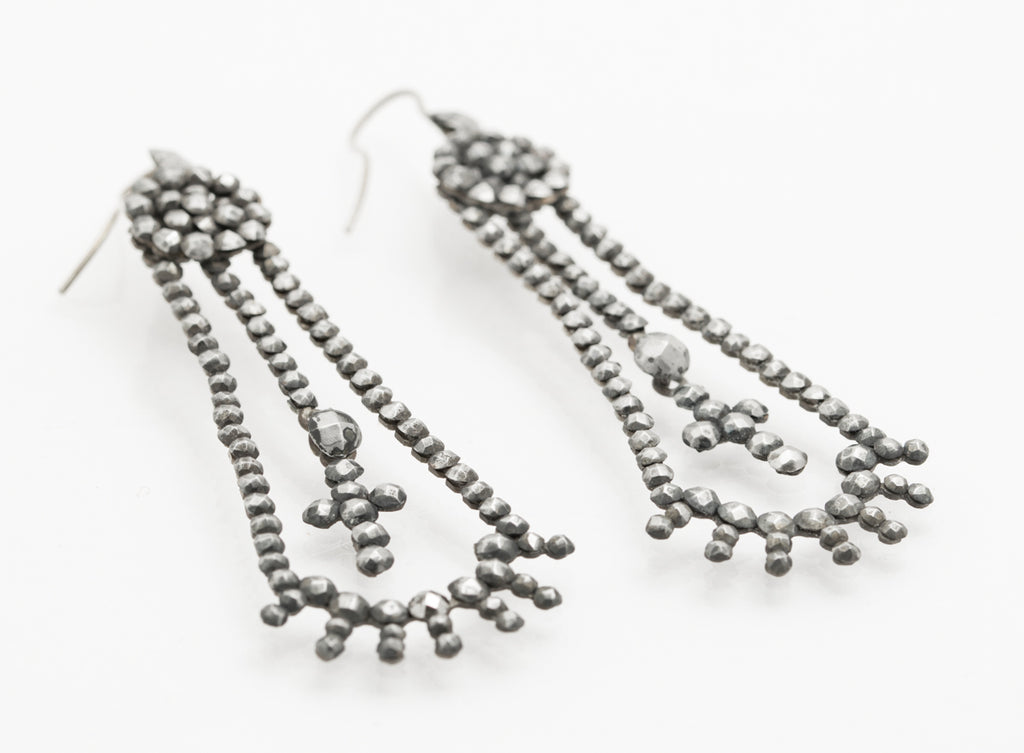 Pair Antique Georgian Cut Steel Earrings Long Drop With Articulated Crosses (B2232)