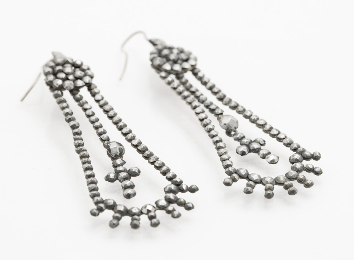 Pair Antique Georgian Cut Steel Earrings Long Drop With Articulated Crosses (B2232)