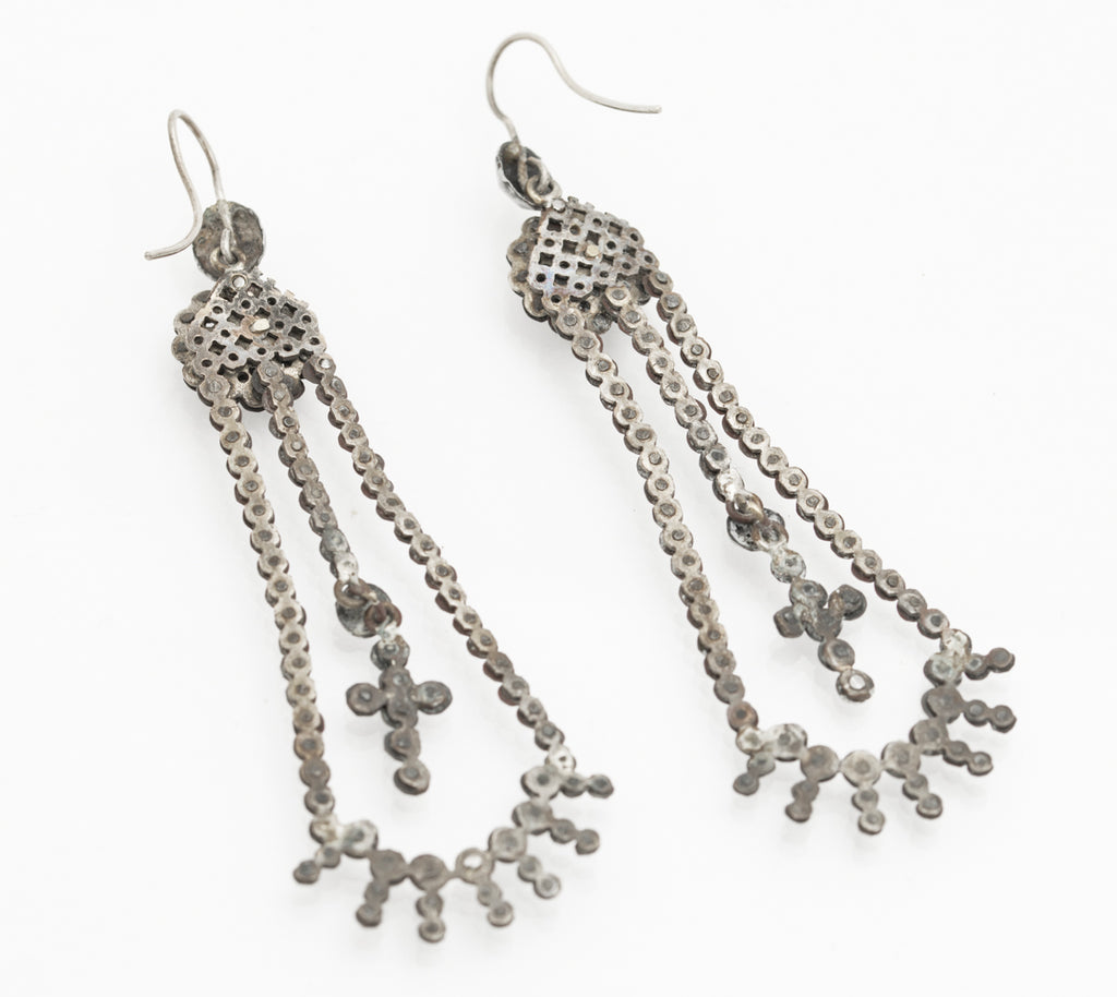 Pair Antique Georgian Cut Steel Earrings Long Drop With Articulated Crosses (B2232)