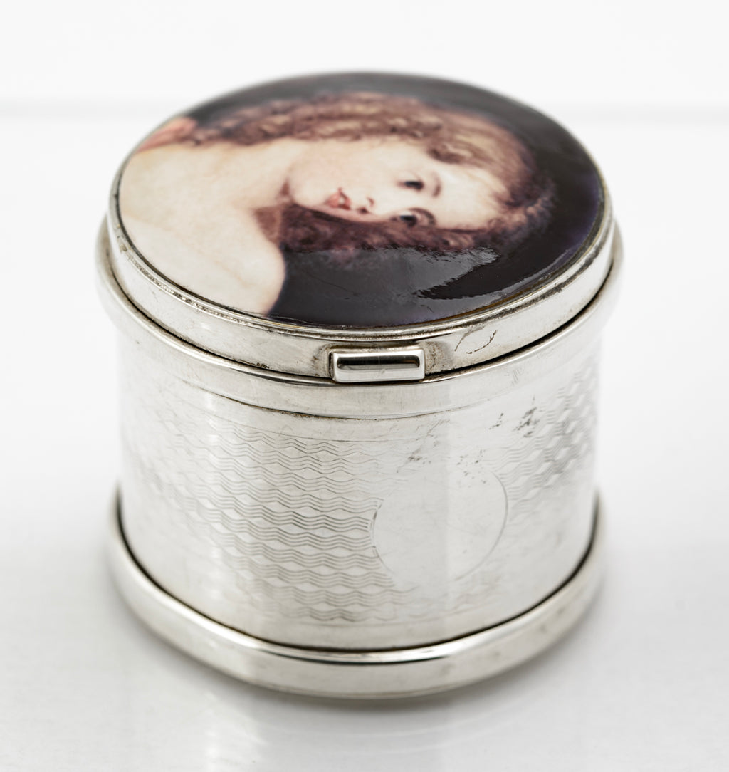 Antique Sterling Silver Jar With Hand Painted Pre-Raphaelite Portrait On Copper (B2253)