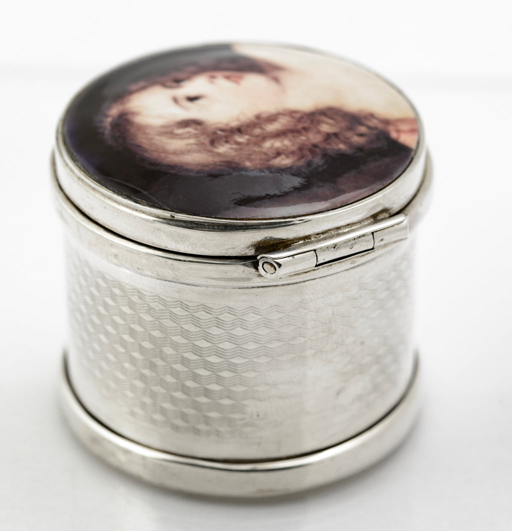 Antique Sterling Silver Jar With Hand Painted Pre-Raphaelite Portrait On Copper (B2253)