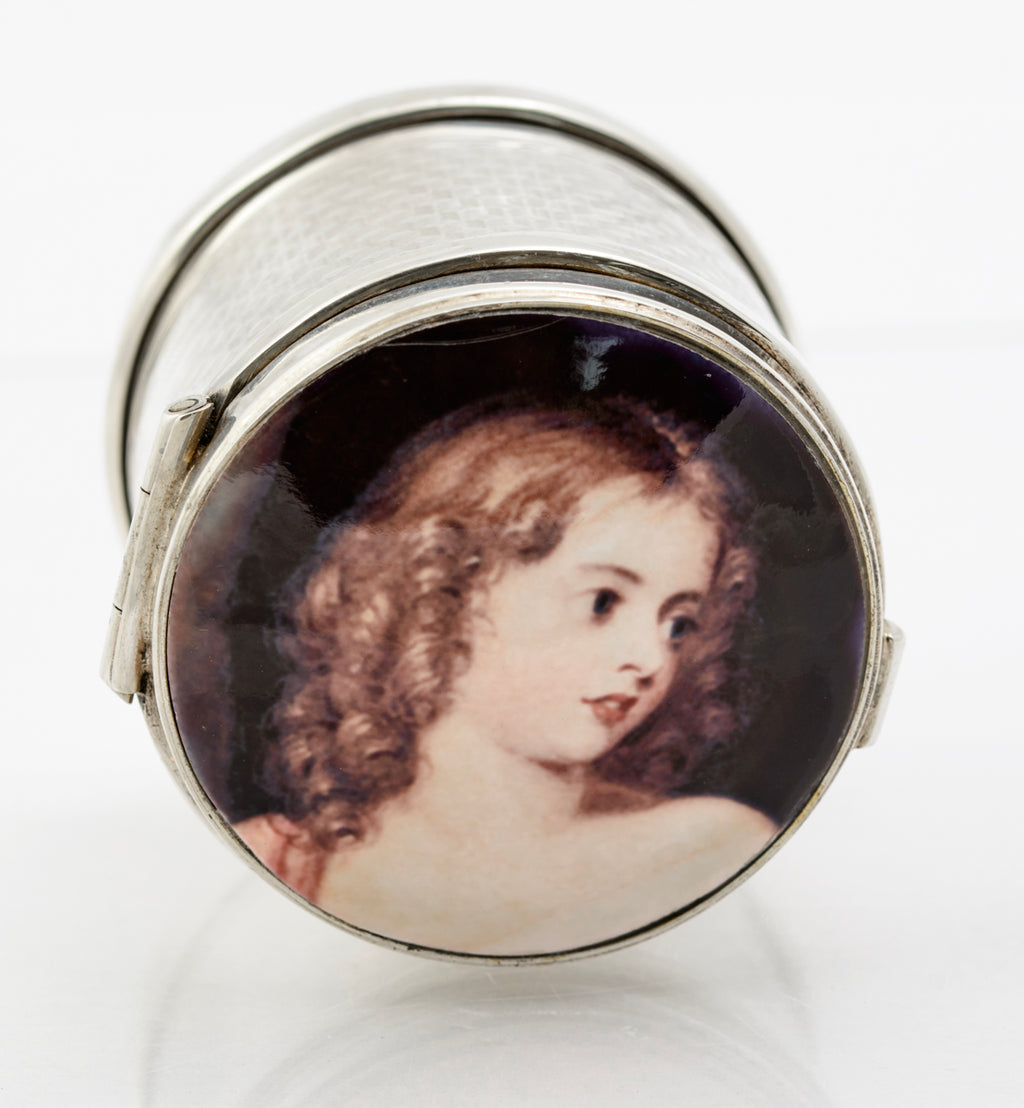 Antique Sterling Silver Jar With Hand Painted Pre-Raphaelite Portrait On Copper (B2253)