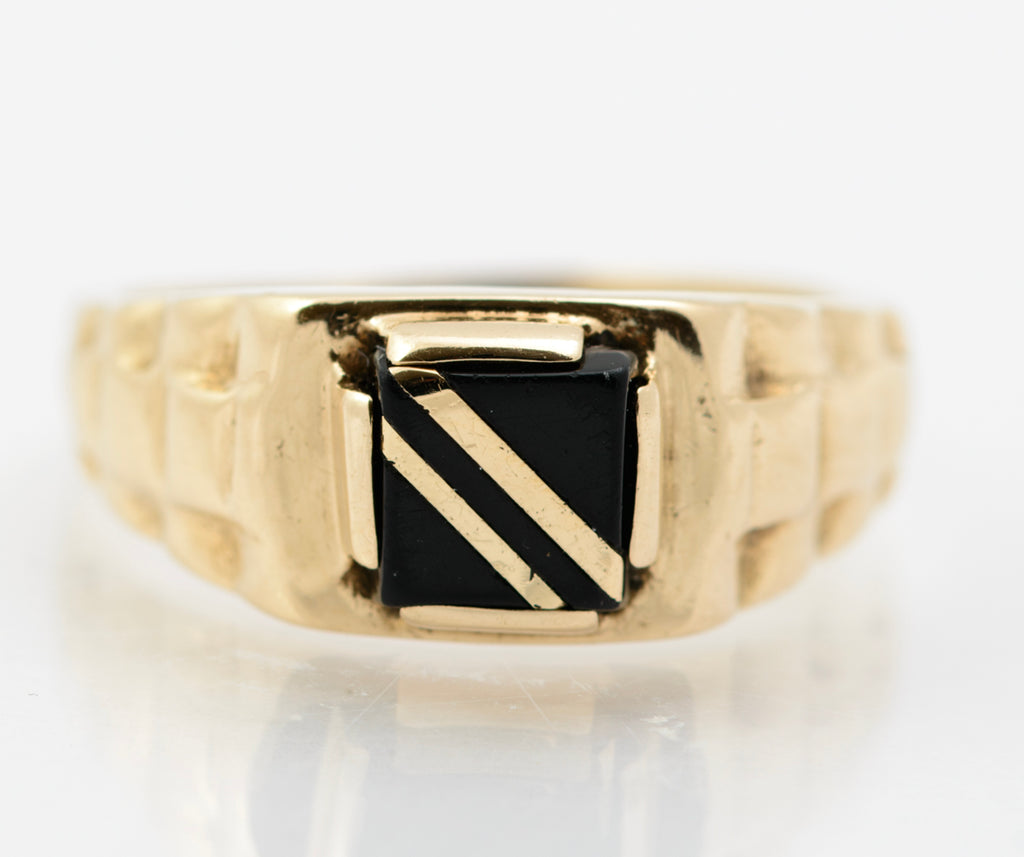 Vintage 9ct Yellow Gold Signet Ring With Black Onyx Panel Hallmarked London 1991 UK Size M1/2  (B2257)