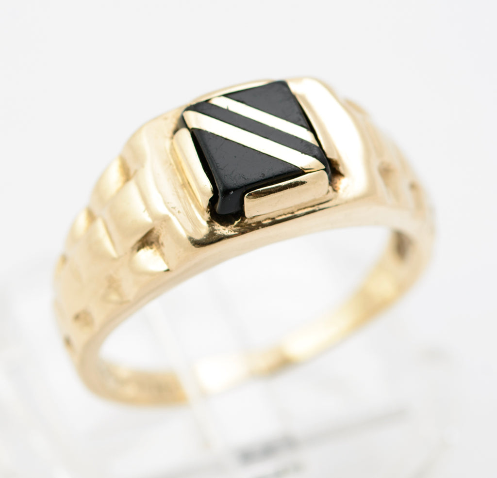 Vintage 9ct Yellow Gold Signet Ring With Black Onyx Panel Hallmarked London 1991 UK Size M1/2  (B2257)