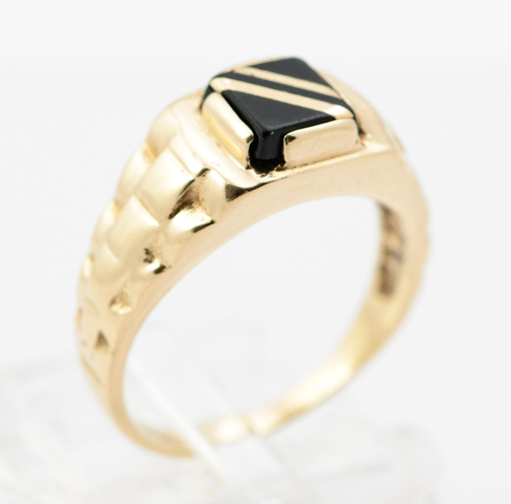 Vintage 9ct Yellow Gold Signet Ring With Black Onyx Panel Hallmarked London 1991 UK Size M1/2  (B2257)