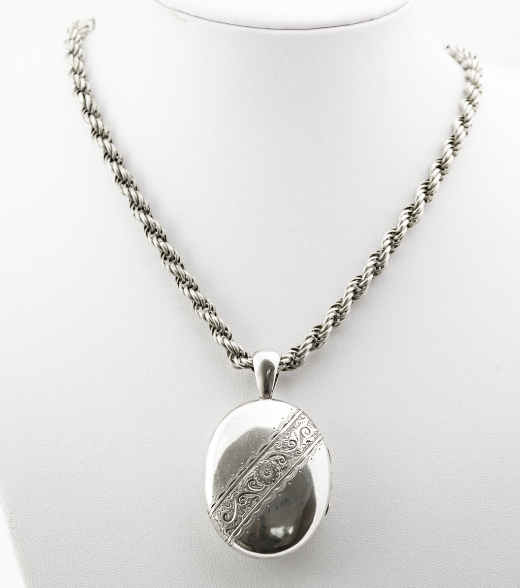 Large Antique Victorian Silver Locket & Fancy Spiral Link Chain c.1880 (B2262)