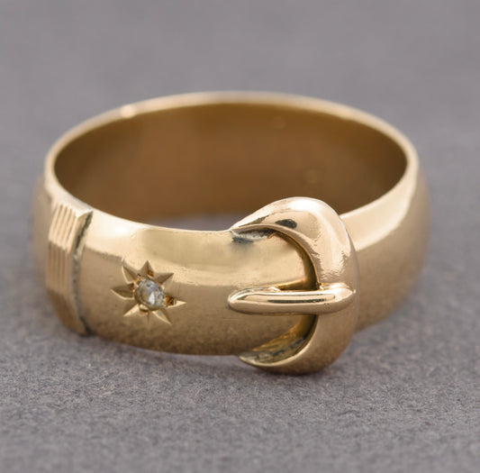 Vintage Heavy 9ct Gold Buckle Ring With Red & White Gem Hallmarked 1966 (B2287)