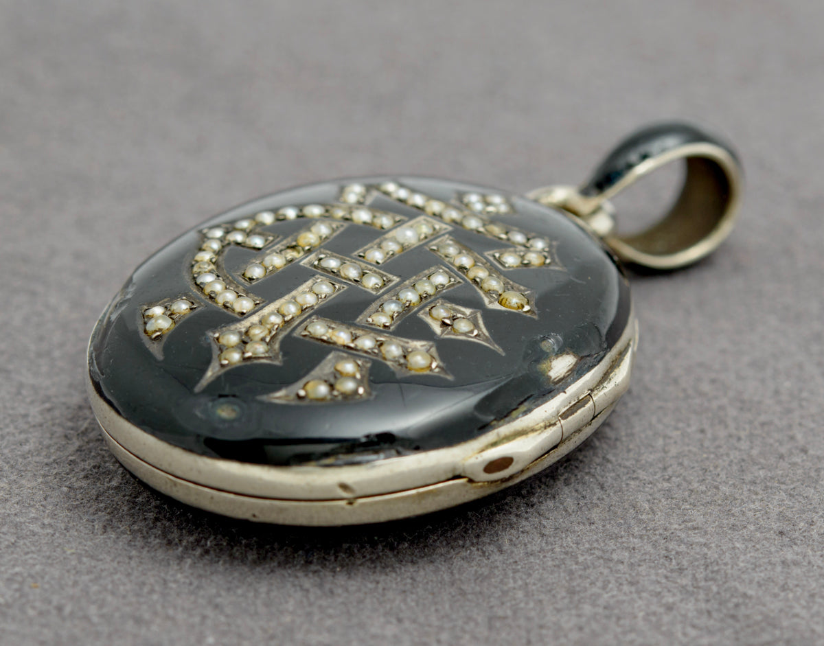 Antique Victorian Amity Eternity Infinity AEI Mourning Locket Black Enamel (B2289)