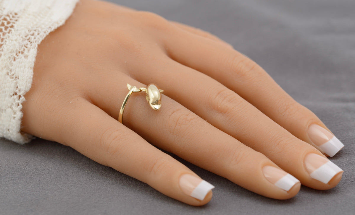Vintage 14K 14ct Yellow Gold Dolphin Ring Open Band UK Size S (B2308)