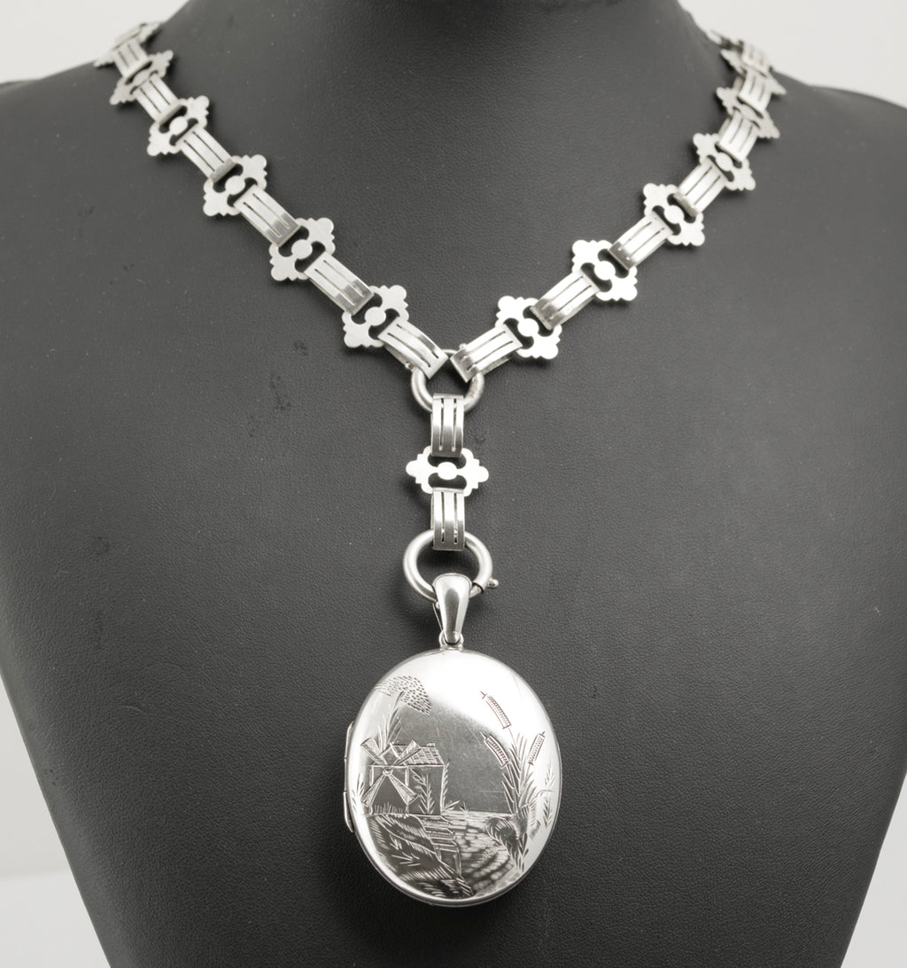 Victorian Antique Sterling Silver Book Chain & Locket Necklace c.1880 (B2322)